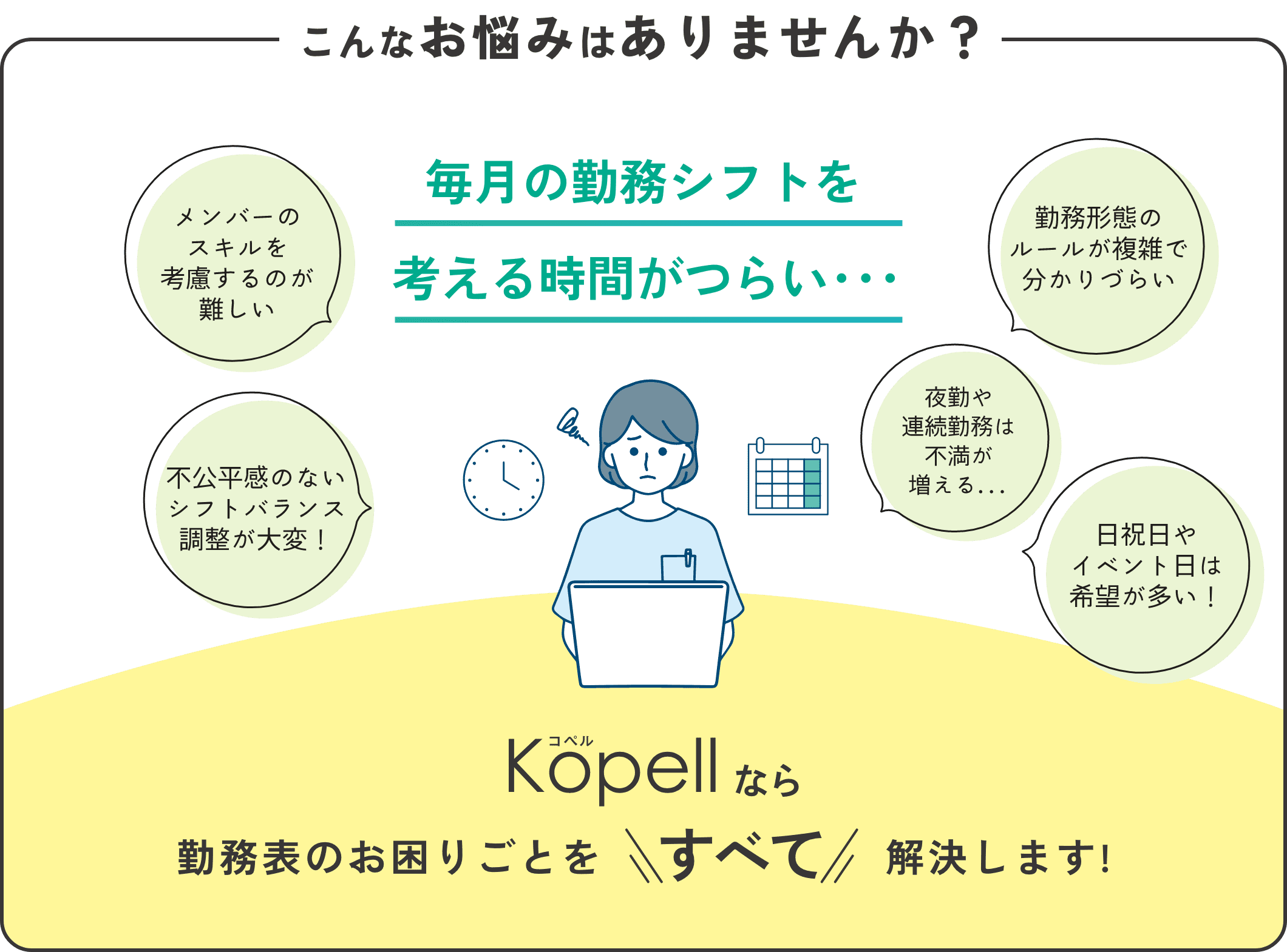 毎月の勤務シフトを考える時間がつらい…そんなお悩みをKopellコペルが全て解決します！